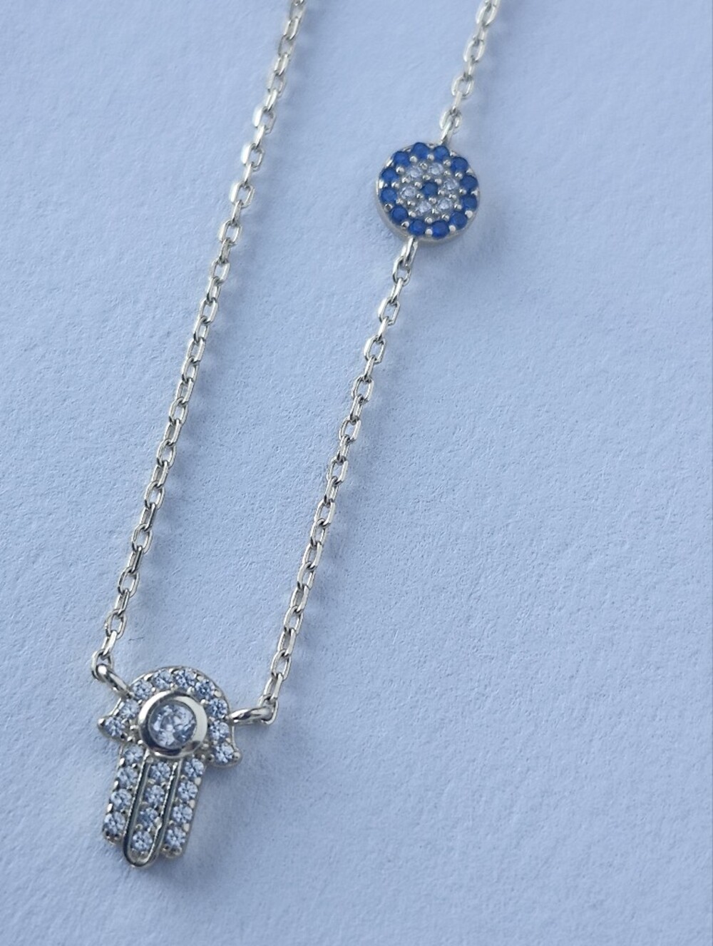 Sterling Silver Blue and White Pavé Hamsa Pendant Necklace